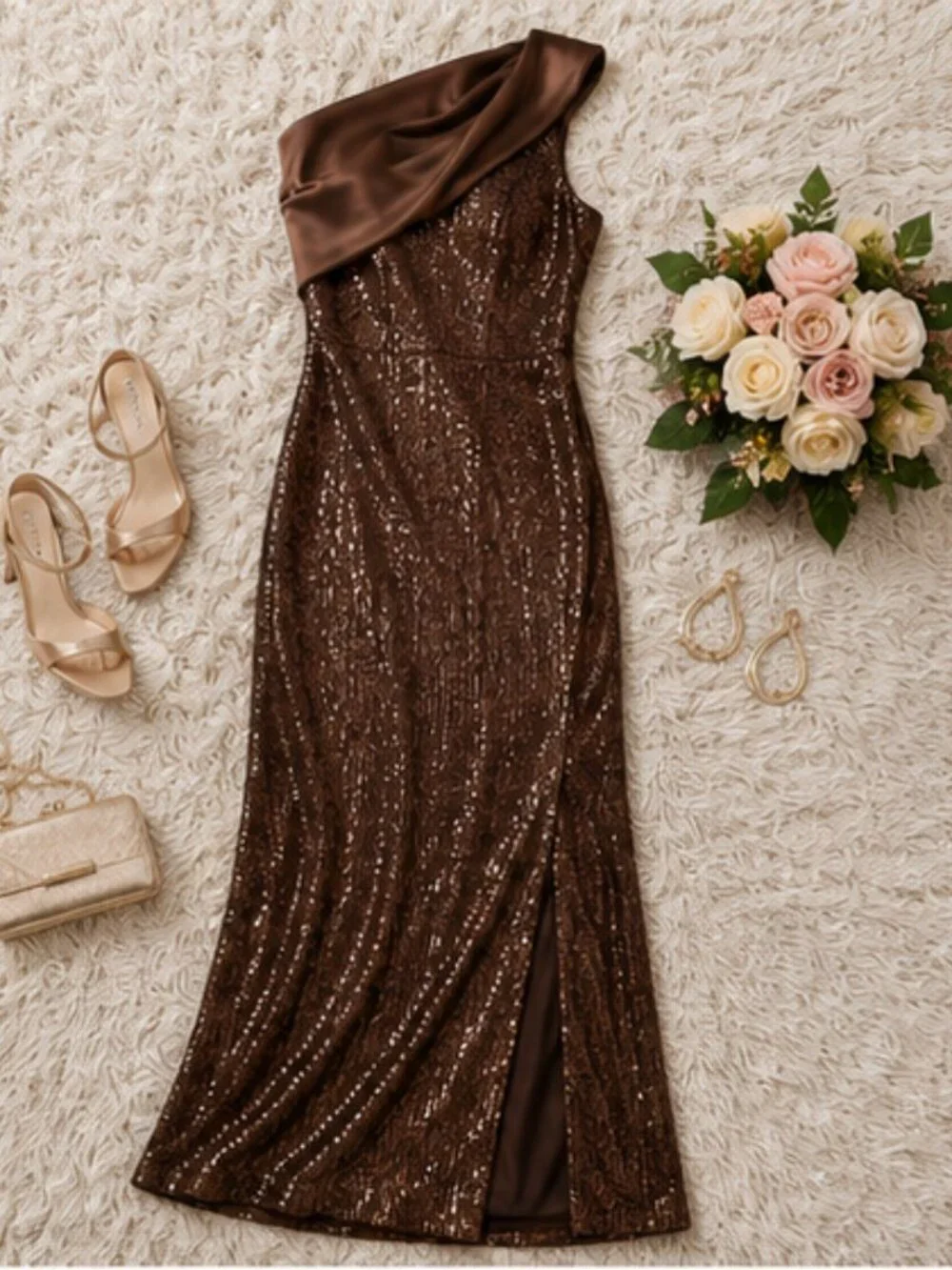 Betsy & Adam Petite One-Shoulder Sequin Detail Gown Mocha Maxi Dress Size 4P NWT